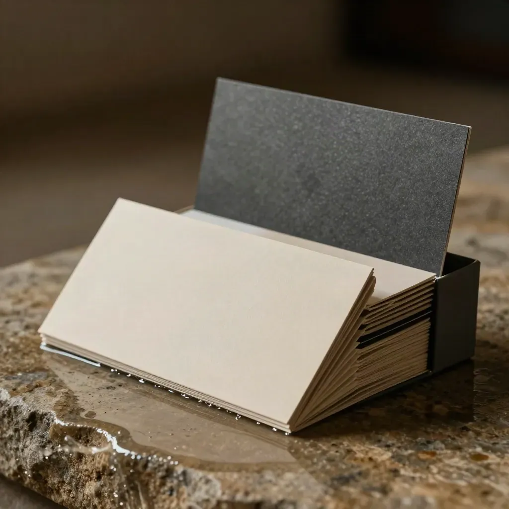 Brand kit bundle on wet stone with swatch boards and charcoal box in dramatic light