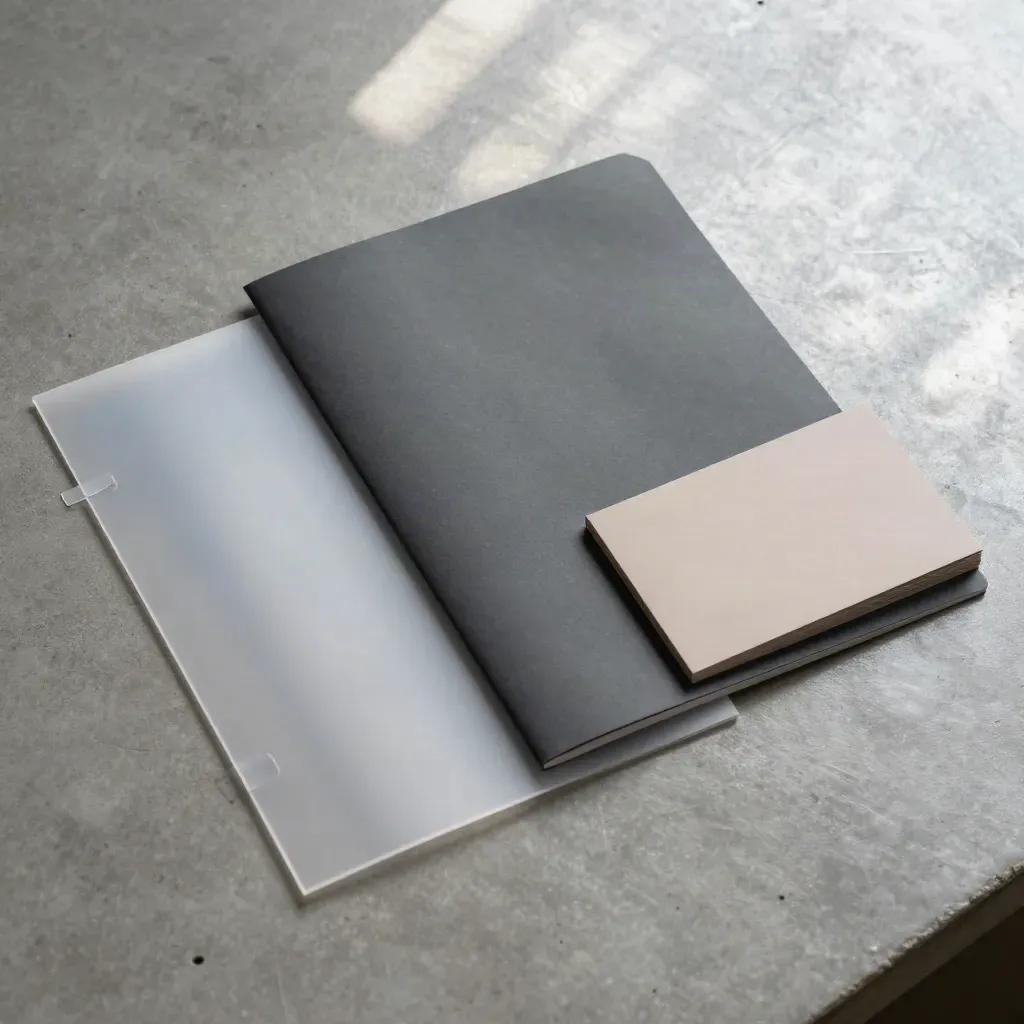 Flatlay of a local SEO audit folder with translucent sheets on brushed metal.