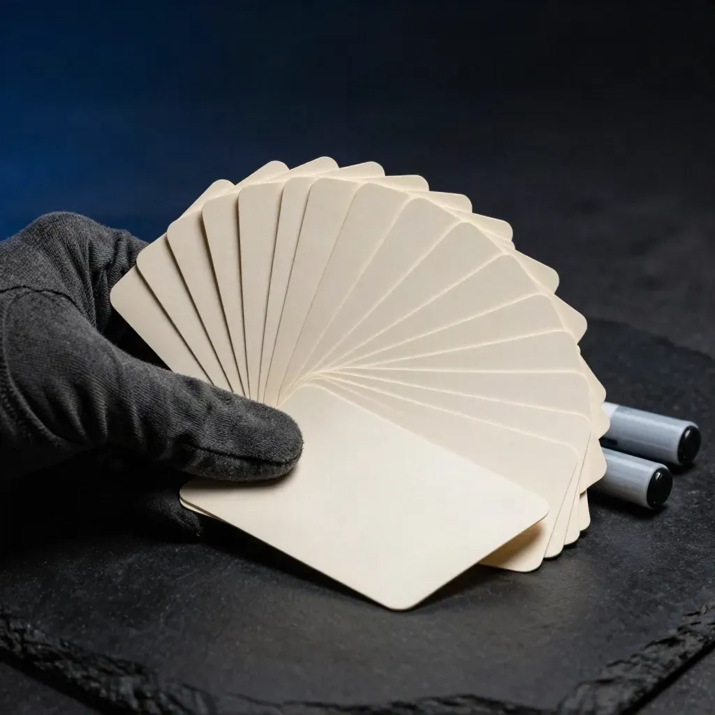Fan of blank square cards with charcoal sleeve and acrylic markers on a dark studio surface.