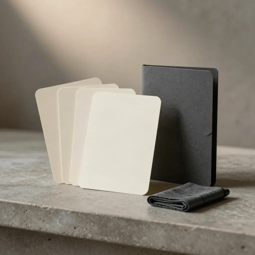 SEO care kit with blank cards, charcoal folder, and cloth marker on stone