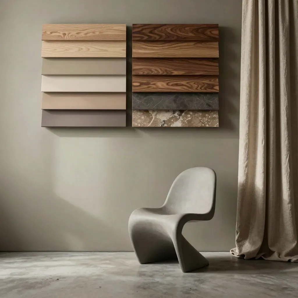 Walnut corner with chair, linen drape, and stacked sample boards in soft daylight.
